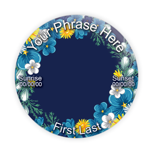 Beautiful blue flower memorial button, a personalized tribute pin designed for funerals, memorials, and sympathy keepsakes.