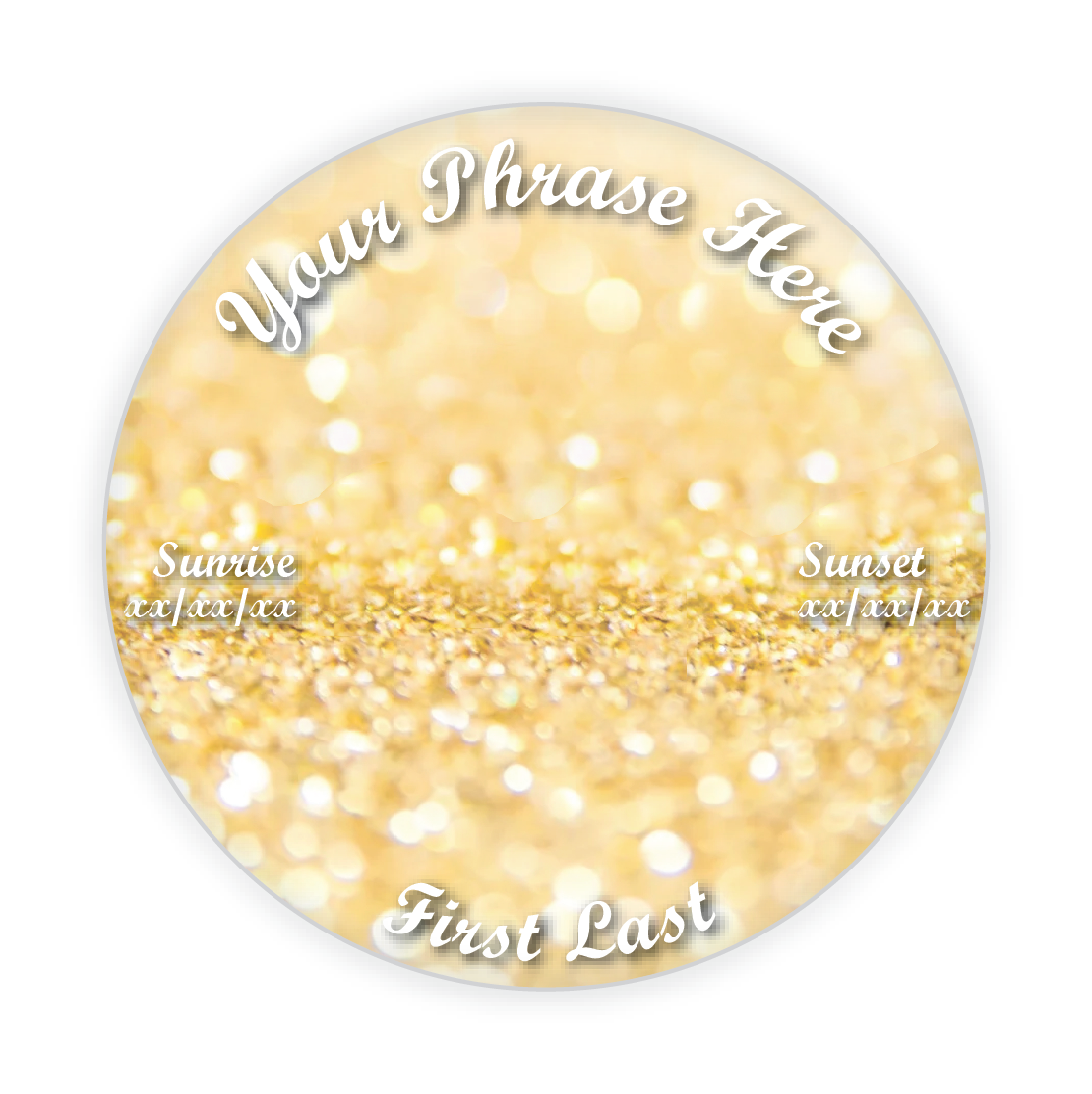 Elegant gold glitter memorial button, customizable tribute pin for honoring loved ones at funerals, memorial services, and celebrations of life.