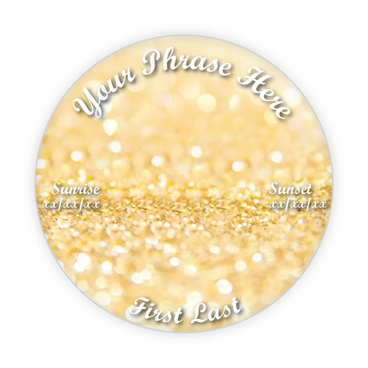 Elegant gold glitter memorial button, customizable tribute pin for honoring loved ones at funerals, memorial services, and celebrations of life.