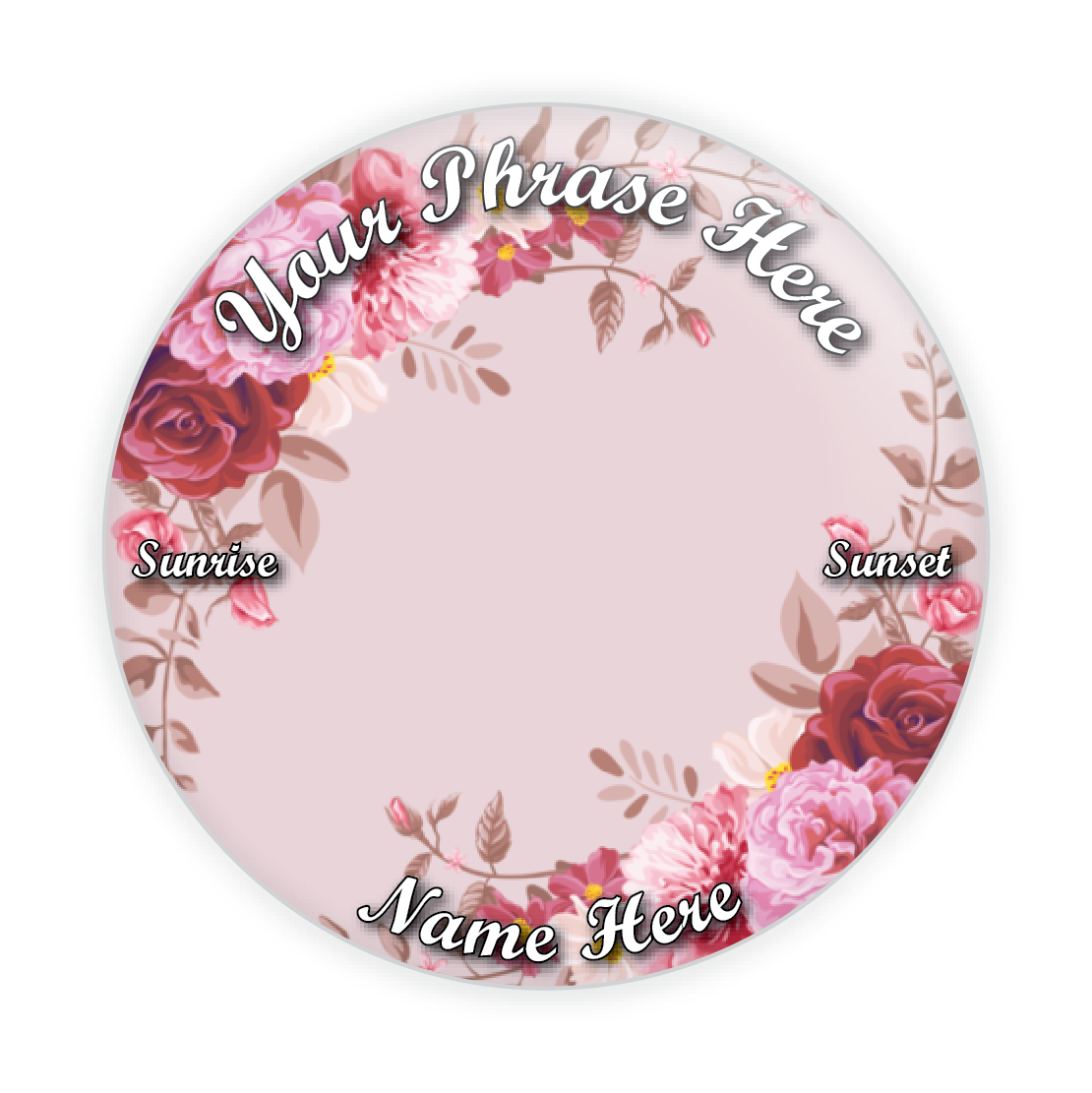 Custom memorial button featuring red roses and pink carnations on a soft pink background. Personalized tribute pin for funerals and remembrance.