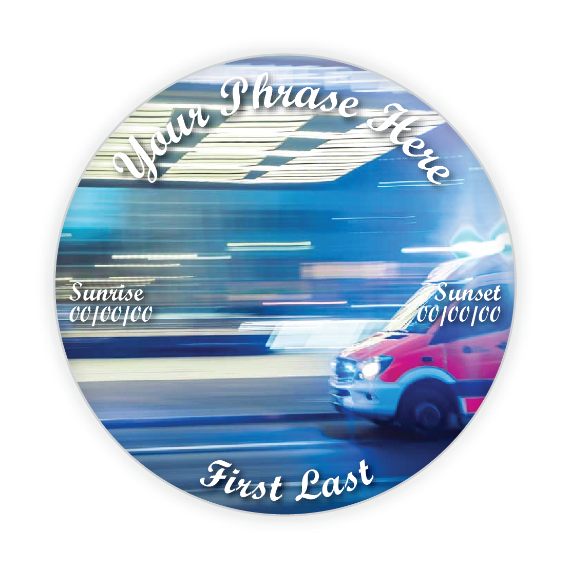 Custom tribute pin featuring a paramedic-themed background, honoring the service of EMS professionals.