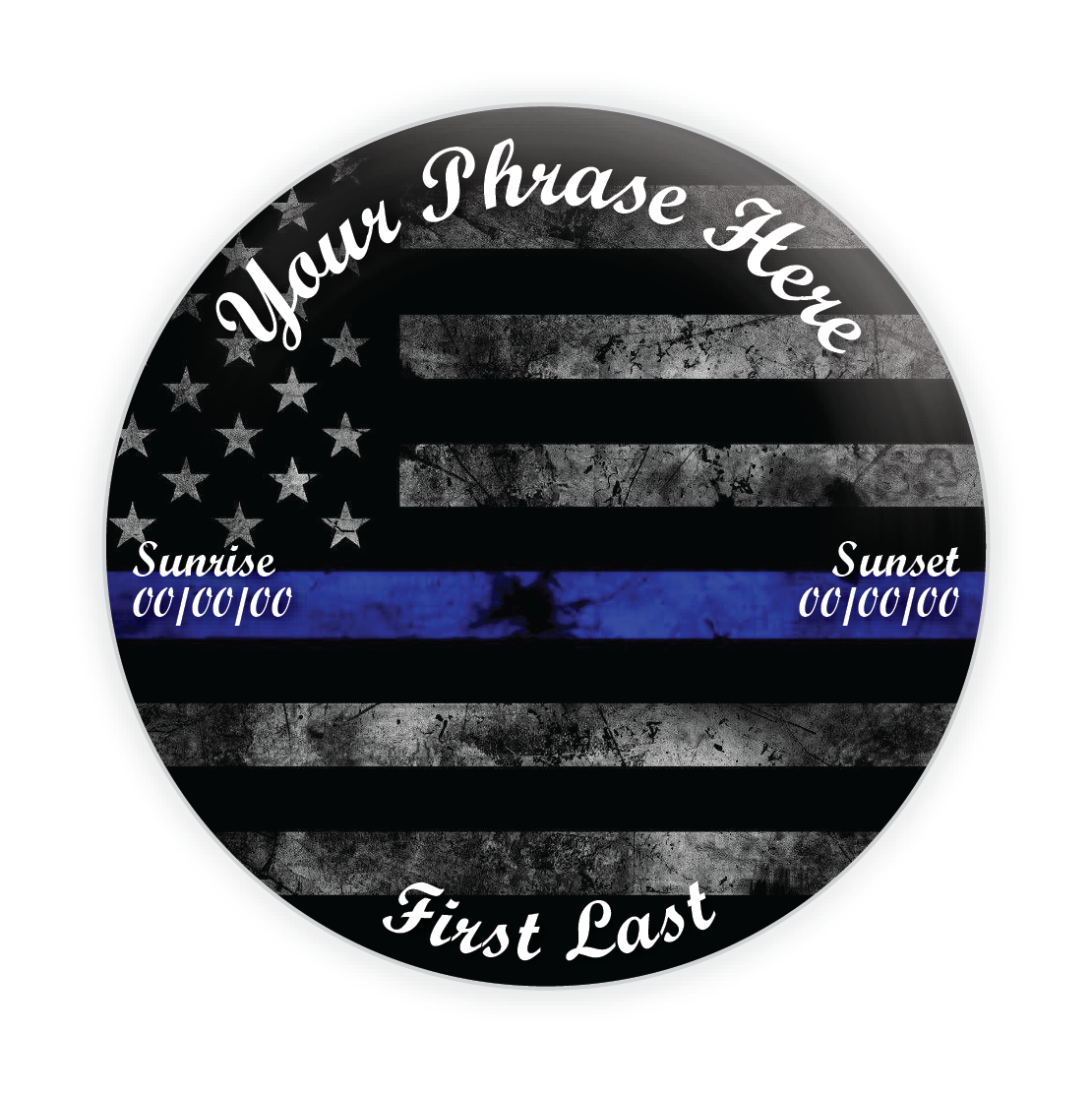 Custom law enforcement memorial button with a Back the Blue theme, honoring fallen police officers with a personalized tribute pin.
