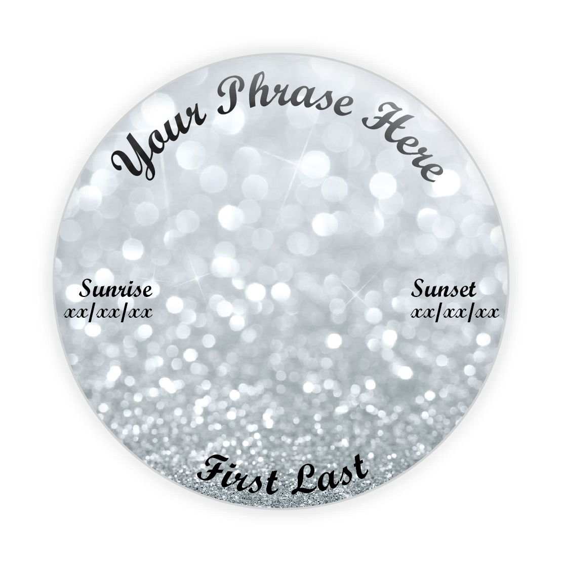 Elegant memorial button with a silver glitter background, customizable for a sparkling tribute to loved ones.