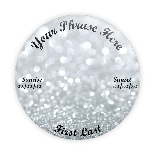 Elegant memorial button with a silver glitter background, customizable for a sparkling tribute to loved ones.