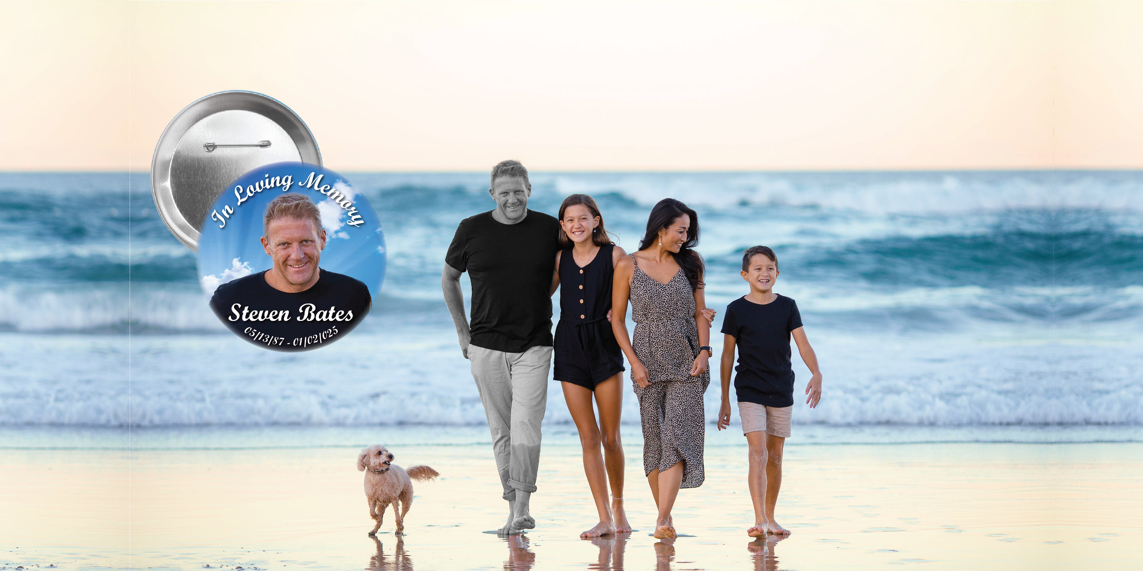Family gathered on the beach, remembering a loved one with a memorial tribute. A heartfelt moment of remembrance and togetherness