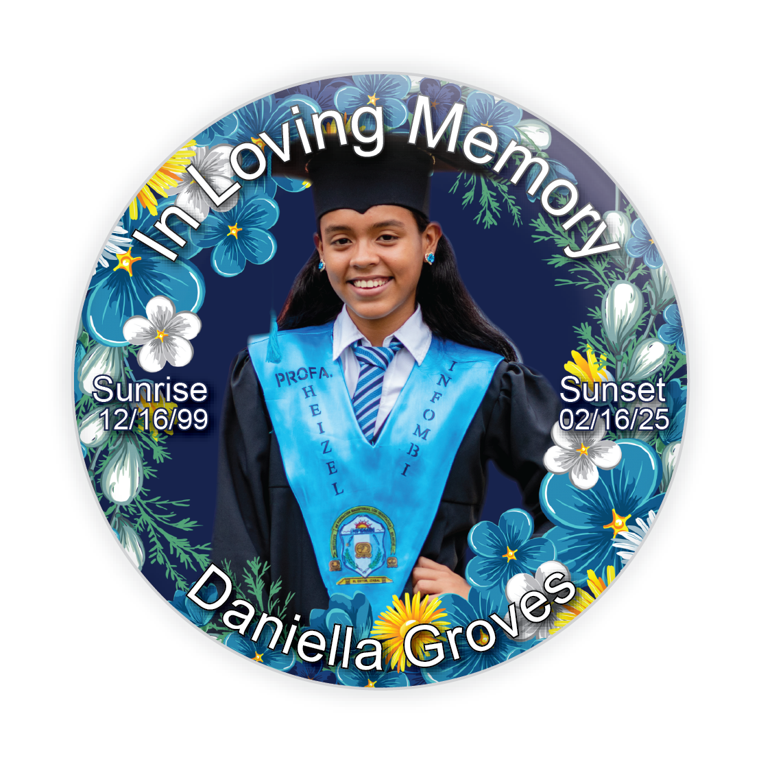 Beautiful blue flower memorial button, a personalized tribute pin designed for funerals, memorials, and sympathy keepsakes.