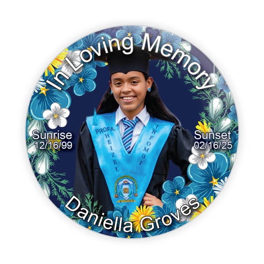 Beautiful blue flower memorial button, a personalized tribute pin designed for funerals, memorials, and sympathy keepsakes.