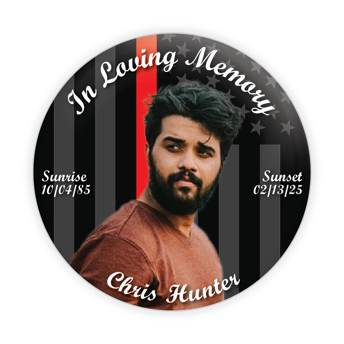 Firefighter tribute memorial button with an American flag and red stripe, honoring first responders with a customizable remembrance pin.