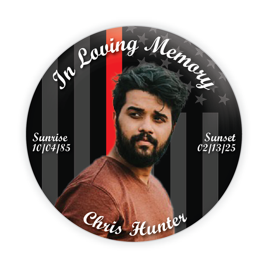 Firefighter tribute memorial button with an American flag and red stripe, honoring first responders with a customizable remembrance pin.