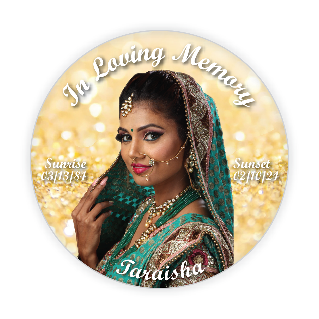Elegant gold glitter memorial button, customizable tribute pin for honoring loved ones at funerals, memorial services, and celebrations of life.