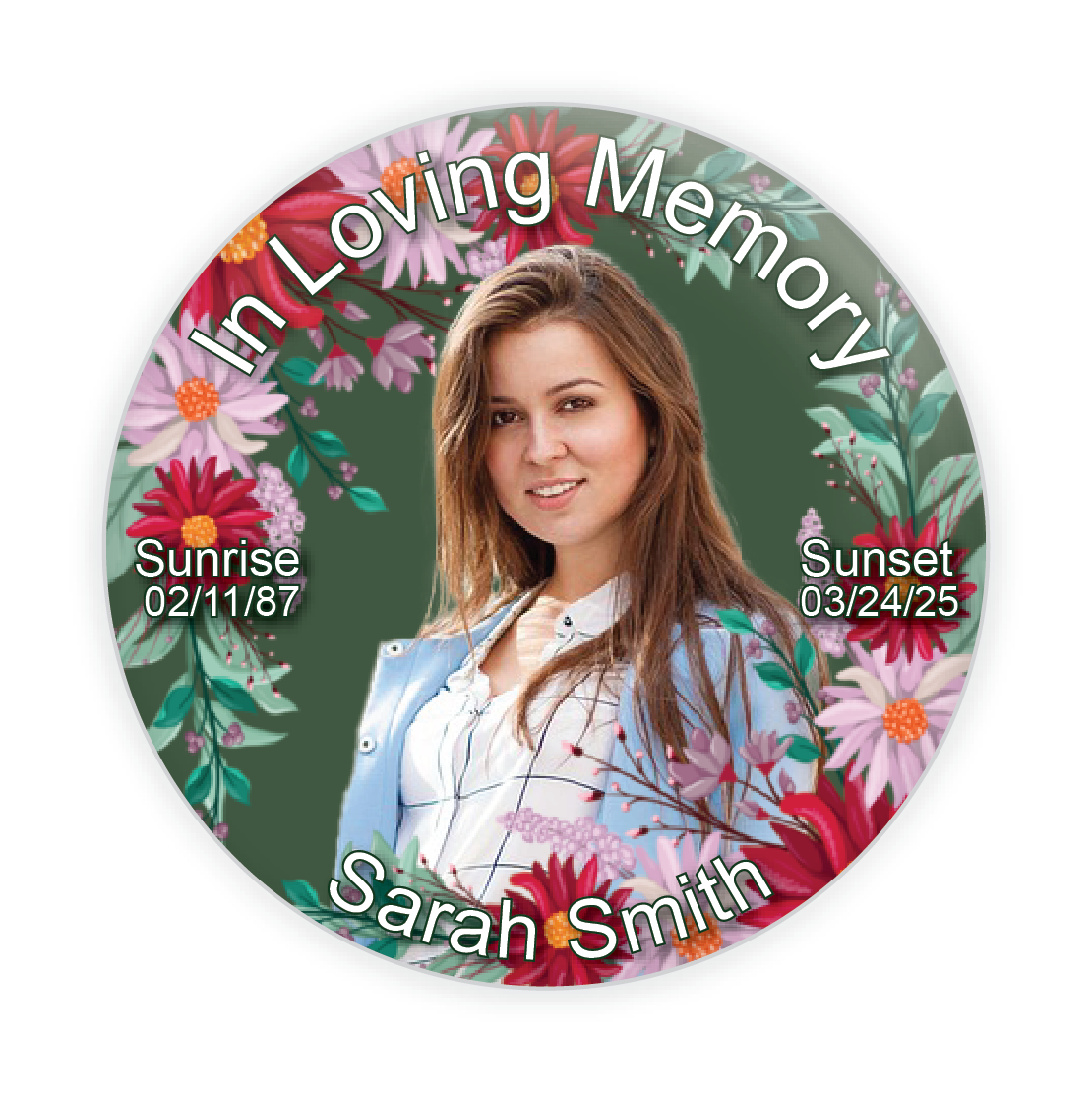 Custom tribute pin with floral design on a green background, representing renewal and memory.