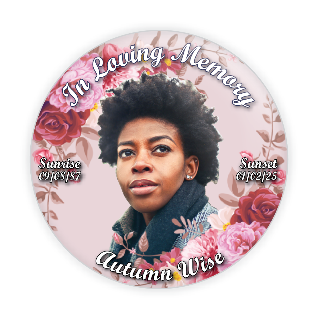 Custom memorial button featuring red roses and pink carnations on a soft pink background. Personalized tribute pin for funerals and remembrance.
