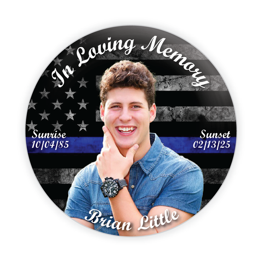 Custom law enforcement memorial button with a Back the Blue theme, honoring fallen police officers with a personalized tribute pin.