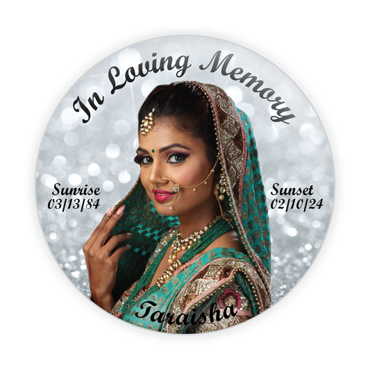 Elegant memorial button with a silver glitter background, customizable for a sparkling tribute to loved ones.