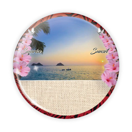 Custom tribute pin featuring an Islander tribal design with pink flowers, honoring loved ones with a unique cultural touch.