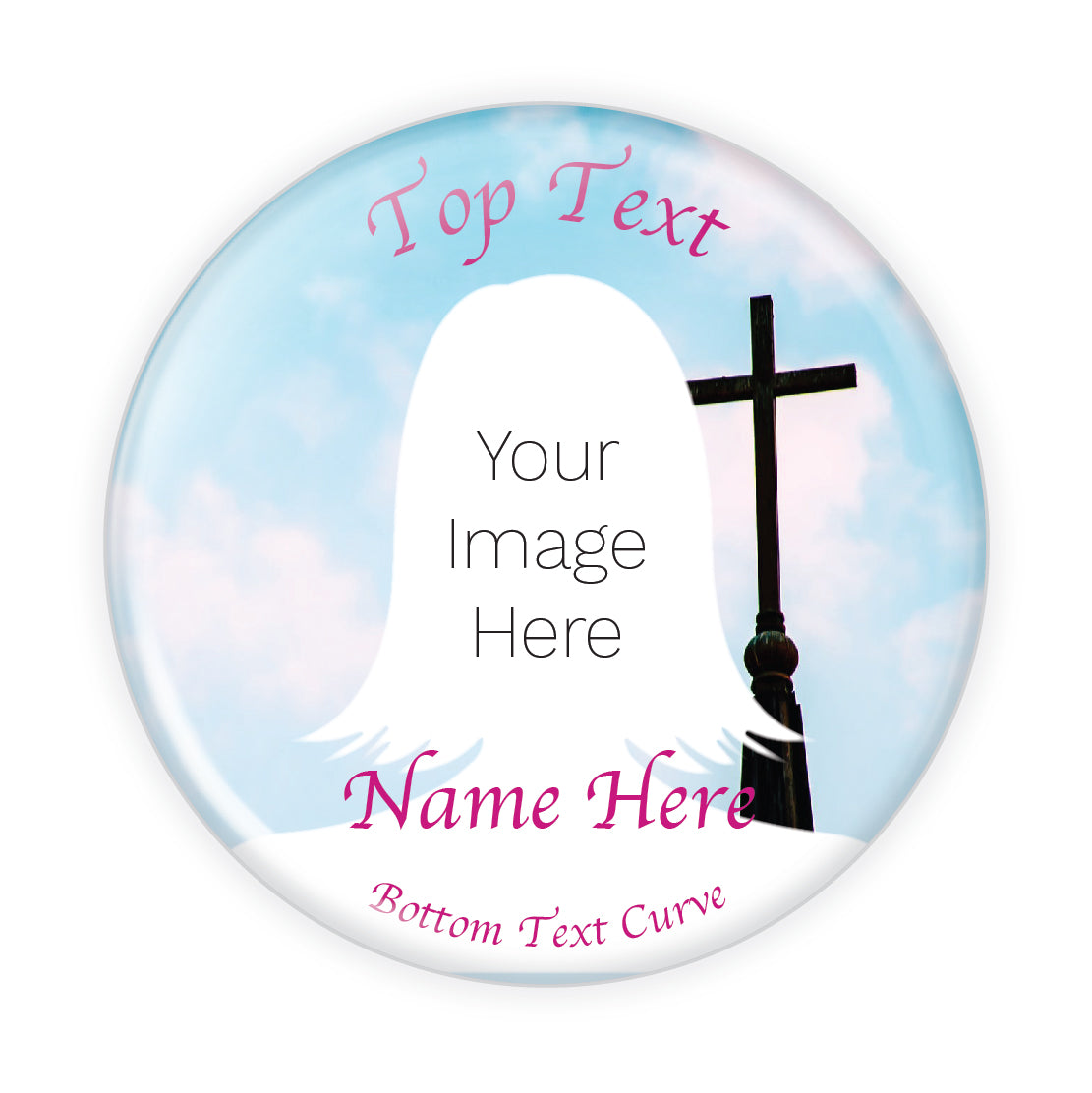 Memorial button featuring a blue sky and soft pink hues with a cross, symbolizing peace and devotion.