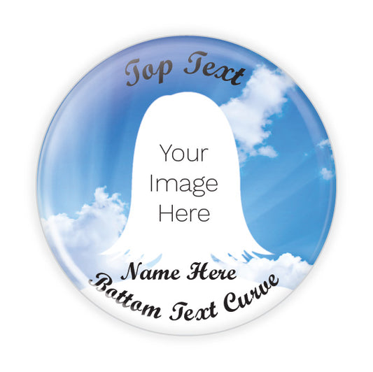 Personalized memorial button with a serene cloud background, symbolizing peace and remembrance. A thoughtful tribute pin for honoring loved ones.
