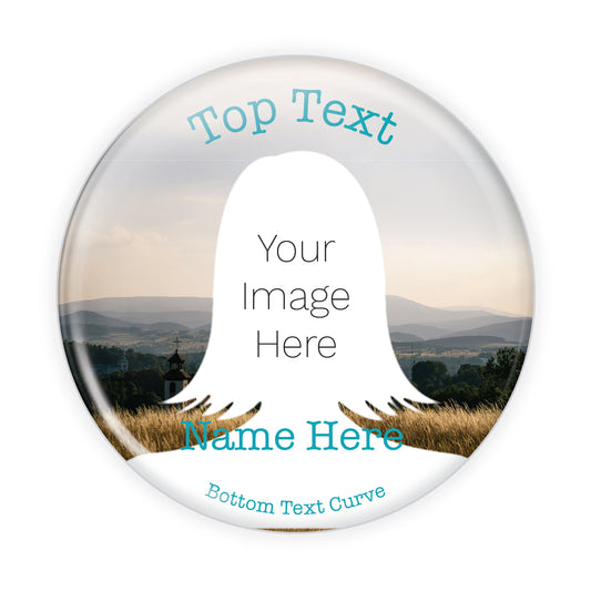 Personalized memorial button featuring open fields with a church in the background, symbolizing faith and remembrance.