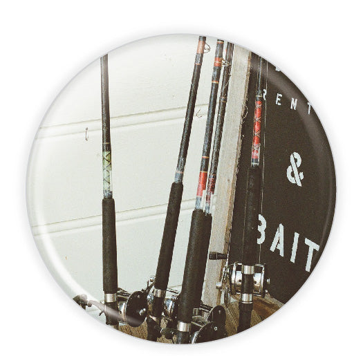 Personalized fishing-themed memorial button, a thoughtful tribute pin for honoring anglers and fishing enthusiasts.