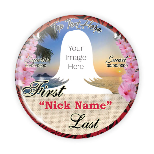 Custom tribute pin featuring an Islander tribal design with pink flowers, honoring loved ones with a unique cultural touch.
