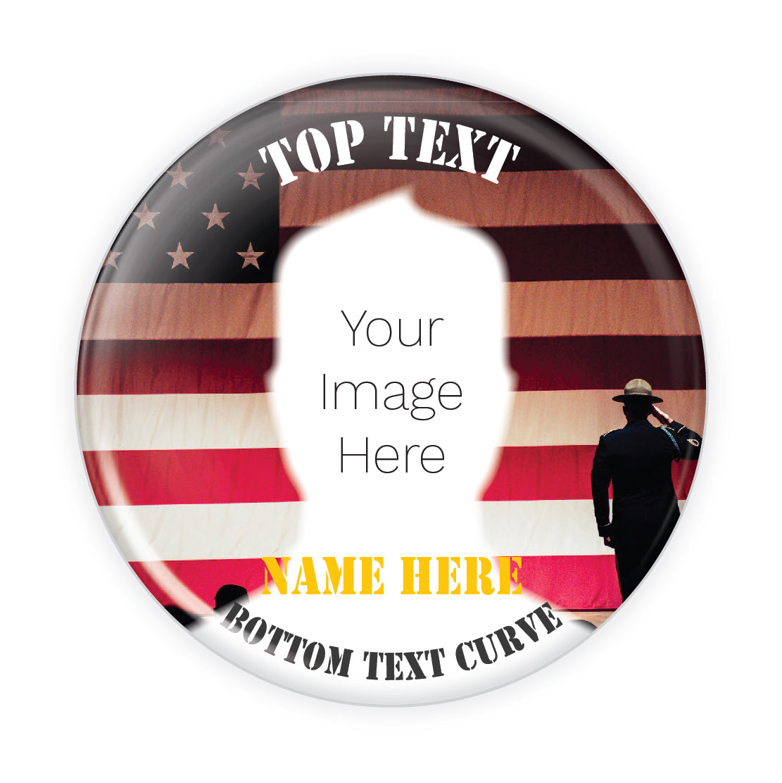 Customizable patriotic memorial button featuring the American flag, serving as a tribute pin to honor loved ones.