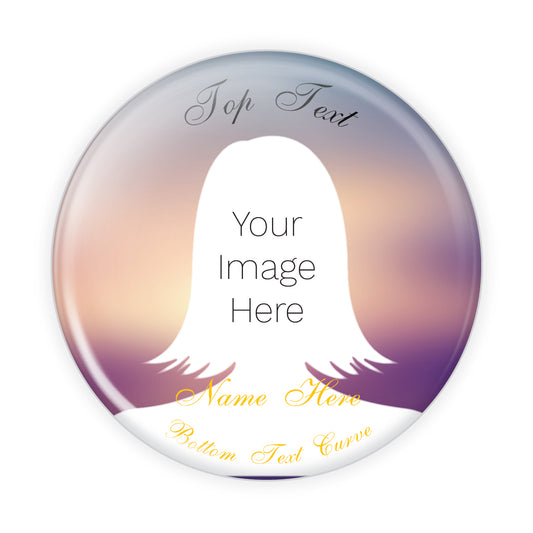 Customizable memorial button featuring a pink and purple sky, symbolizing peace and remembrance. A thoughtful tribute pin for honoring loved ones.