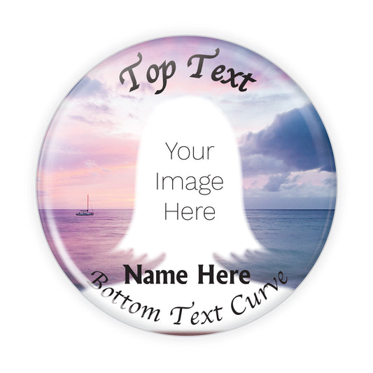 Customizable memorial button featuring a serene pink sunset over the ocean, symbolizing peace and remembrance. A heartfelt tribute pin for honoring loved ones.