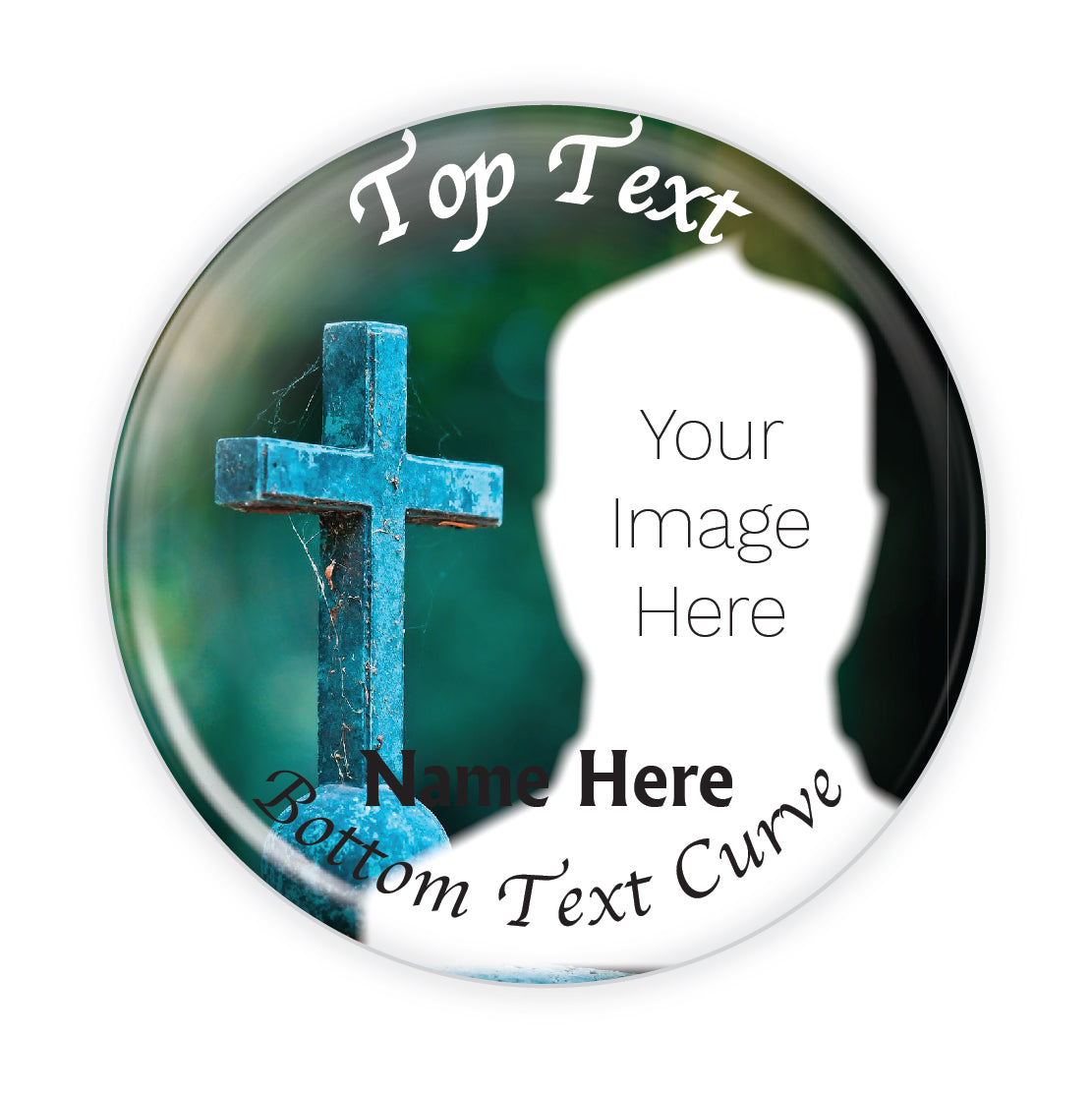 Customizable reflective cross memorial button, a spiritual tribute pin symbolizing faith and remembrance. Ideal for funerals and memorial keepsakes.