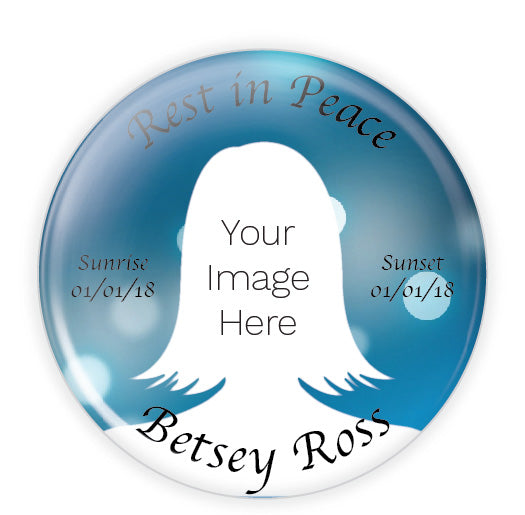 Customizable memorial button featuring a soft blue background with sunrise and sunset, symbolizing peace, remembrance, and eternal love. A meaningful tribute pin for loved ones.
