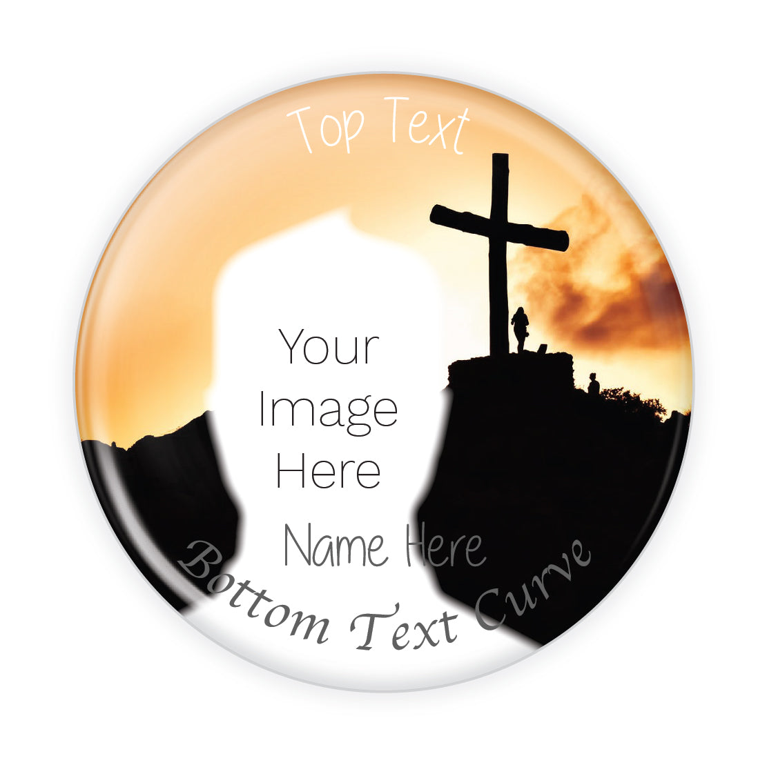 Personalized memorial button featuring a sunset with a cross, symbolizing faith and remembrance. A heartfelt tribute pin for funerals and memorial services.