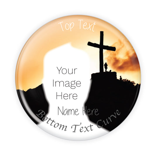 Personalized memorial button featuring a sunset with a cross, symbolizing faith and remembrance. A heartfelt tribute pin for funerals and memorial services.