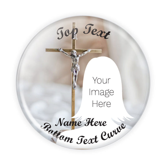 Customizable white cross memorial button, a spiritual tribute pin honoring loved ones. Ideal for funerals, memorials, and remembrance ceremonies.