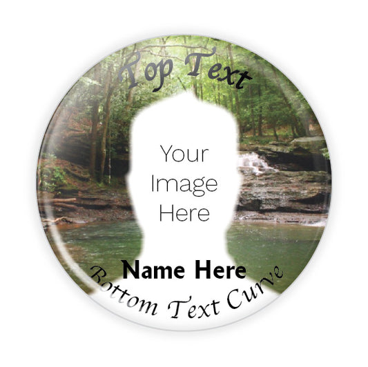 Personalized memorial button with a serene wooded background and stream, ideal for nature-themed tributes.