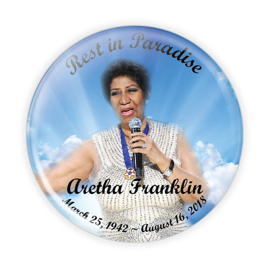 Personalized memorial button with a serene cloud background, symbolizing peace and remembrance. A thoughtful tribute pin for honoring loved ones.