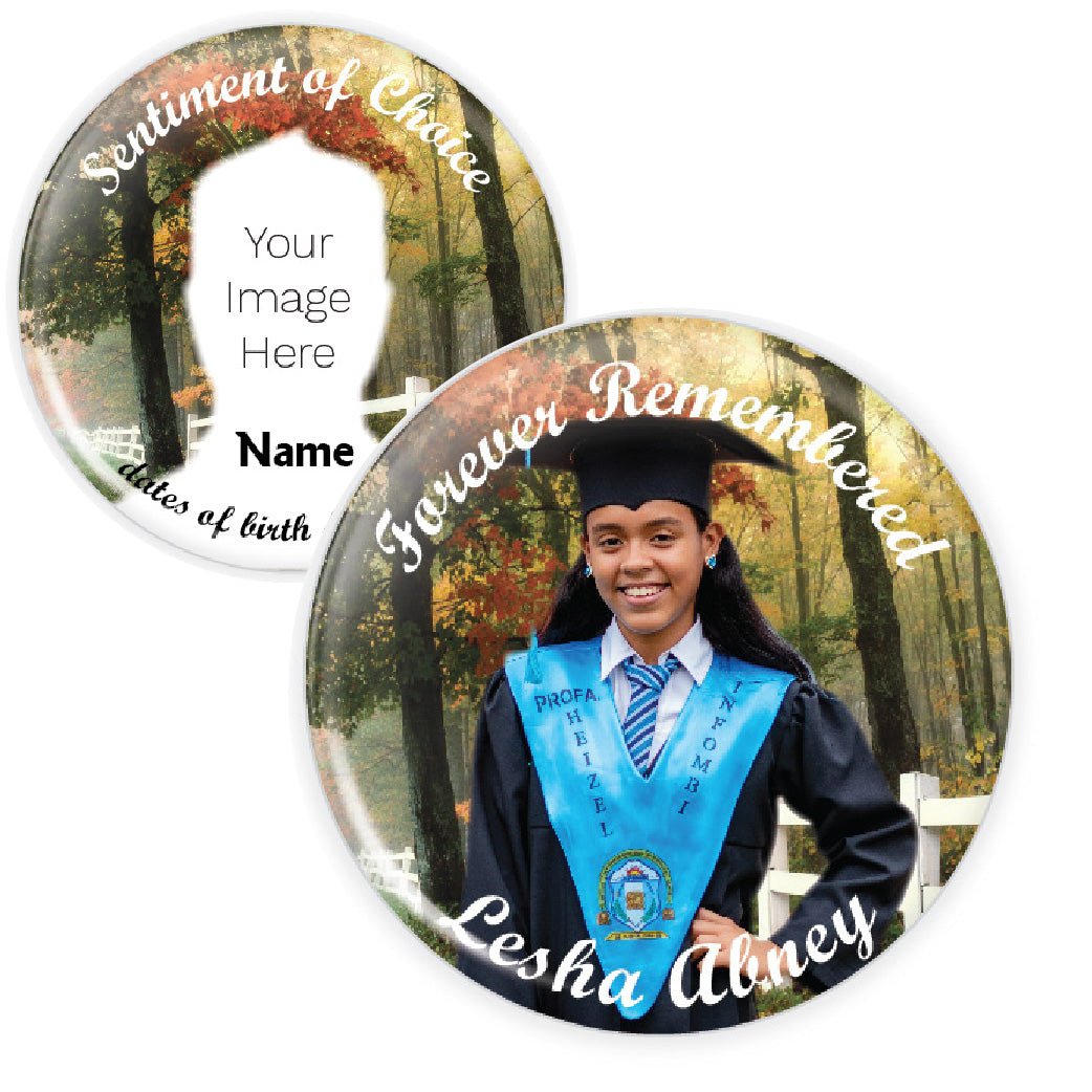 Personalized memorial button with a fall-themed background, capturing the essence of autumn for a seasonal tribute.