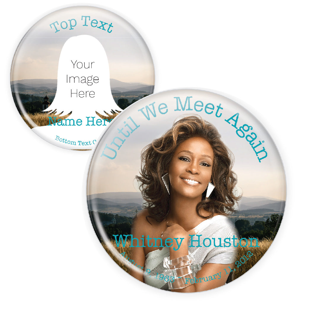 Personalized memorial button featuring open fields with a church in the background, symbolizing faith and remembrance.