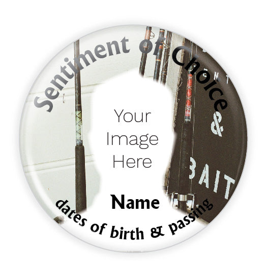 Personalized fishing-themed memorial button, a thoughtful tribute pin for honoring anglers and fishing enthusiasts.
