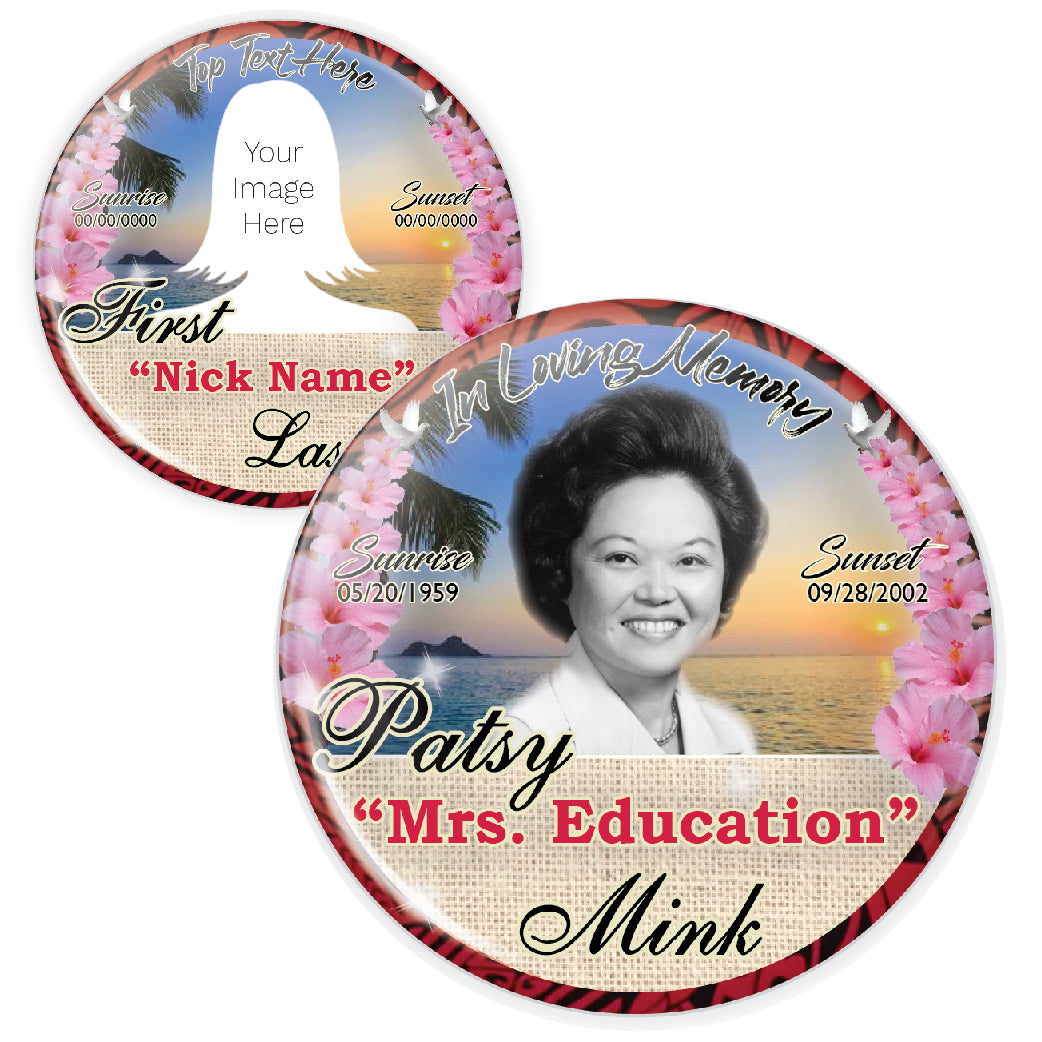 Custom tribute pin featuring an Islander tribal design with pink flowers, honoring loved ones with a unique cultural touch.