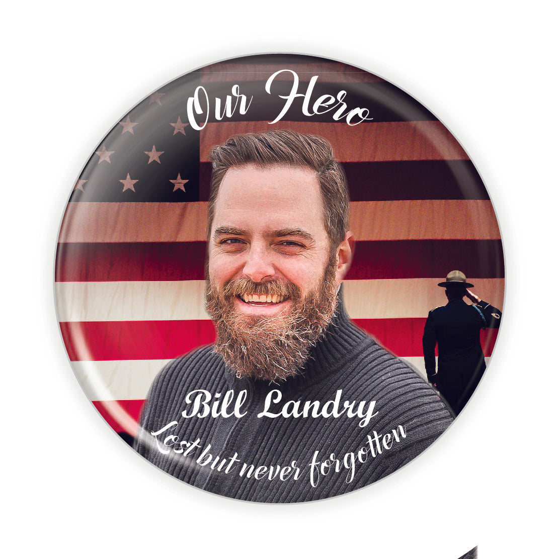 Customizable patriotic memorial button featuring the American flag, serving as a tribute pin to honor loved ones.