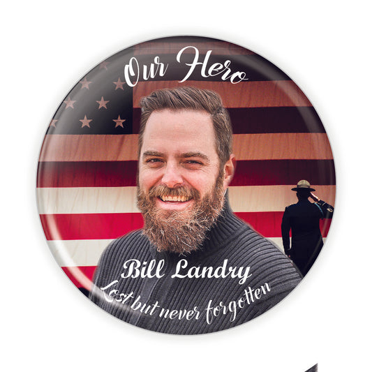 Customizable patriotic memorial button featuring the American flag, serving as a tribute pin to honor loved ones.