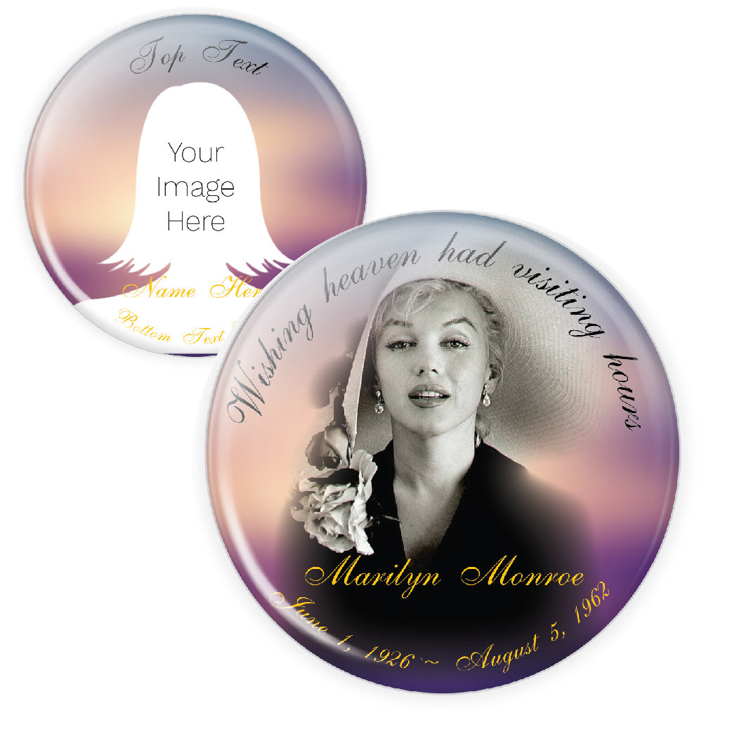 Customizable memorial button featuring a pink and purple sky, symbolizing peace and remembrance. A thoughtful tribute pin for honoring loved ones.