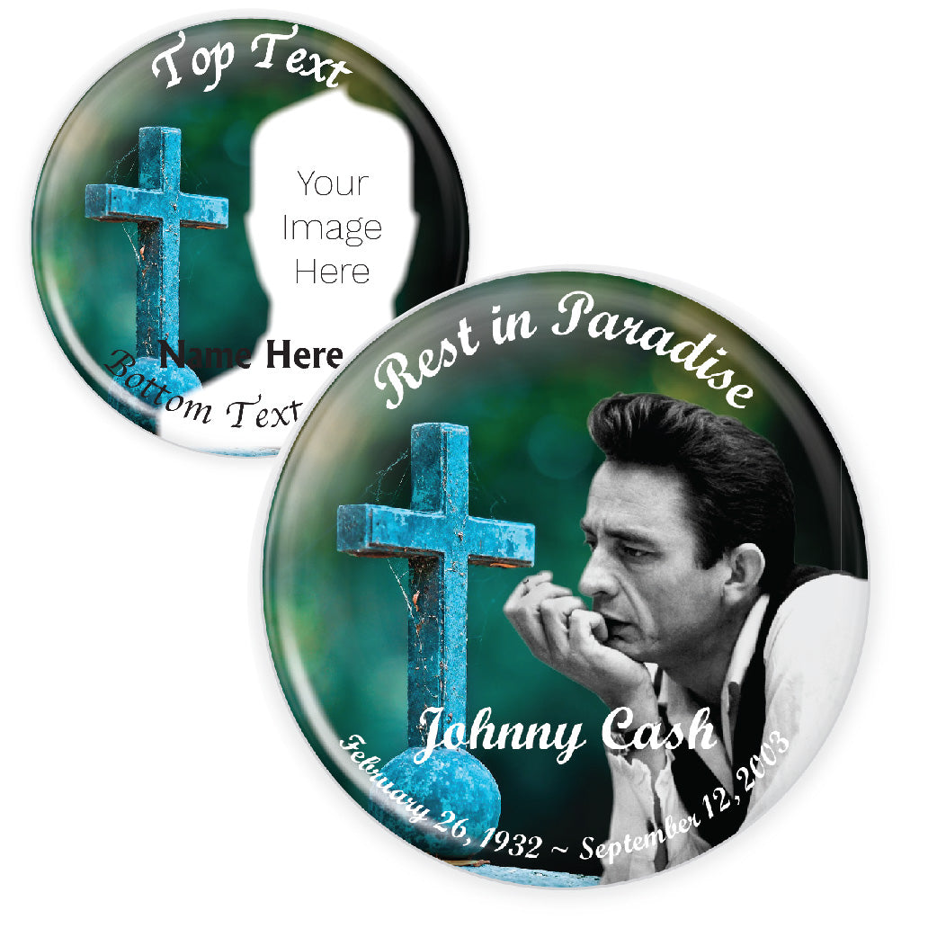 Customizable reflective cross memorial button, a spiritual tribute pin symbolizing faith and remembrance. Ideal for funerals and memorial keepsakes.