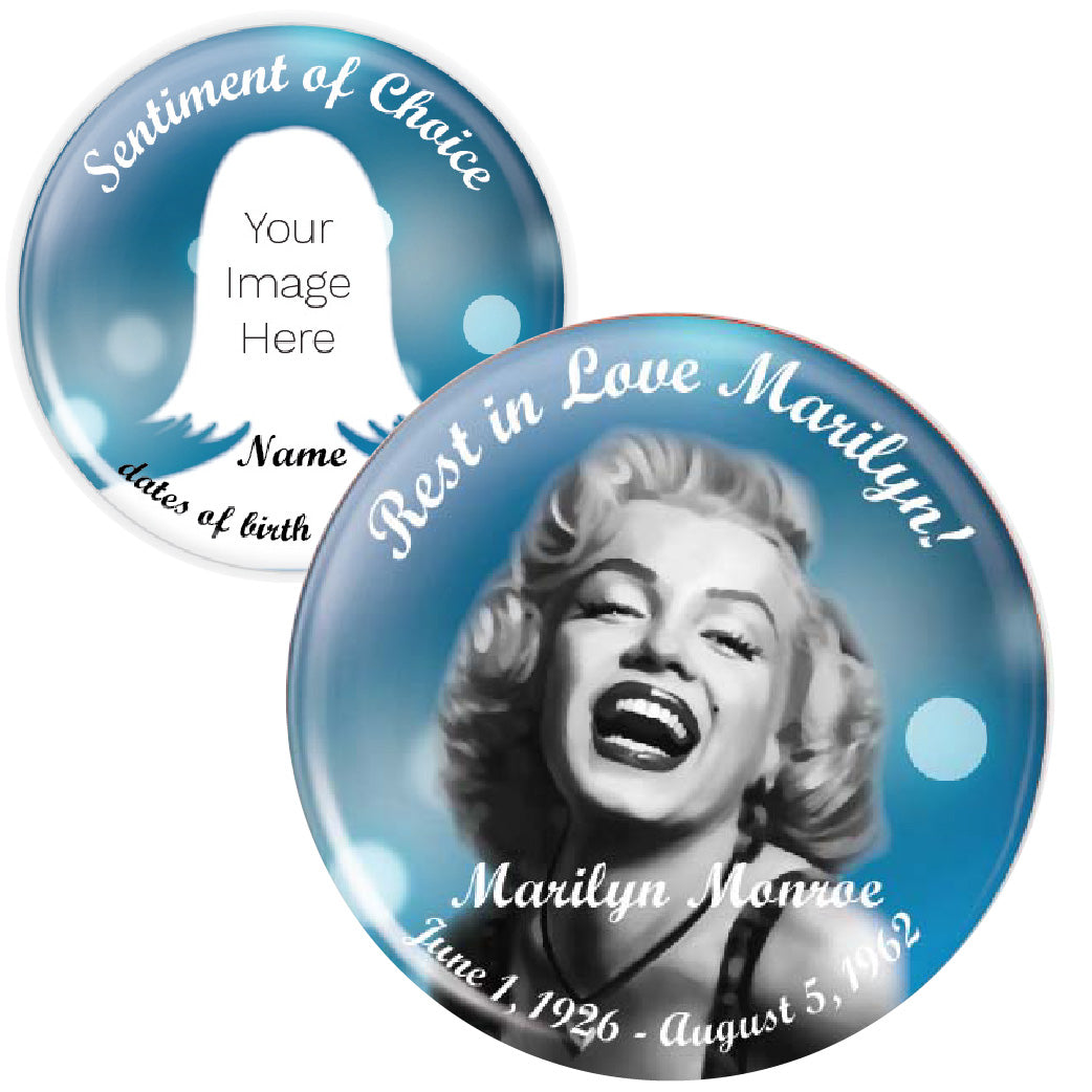Customizable memorial button featuring a soft blue background with sunrise and sunset, symbolizing peace, remembrance, and eternal love. A meaningful tribute pin for loved ones.