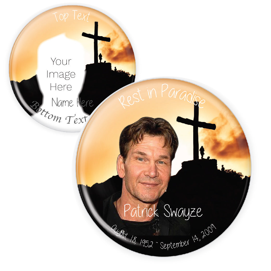 Personalized memorial button featuring a sunset with a cross, symbolizing faith and remembrance. A heartfelt tribute pin for funerals and memorial services.