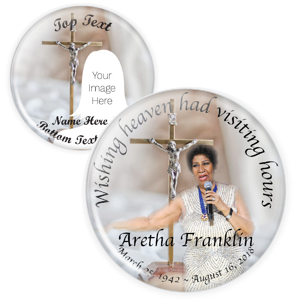 Customizable white cross memorial button, a spiritual tribute pin honoring loved ones. Ideal for funerals, memorials, and remembrance ceremonies.