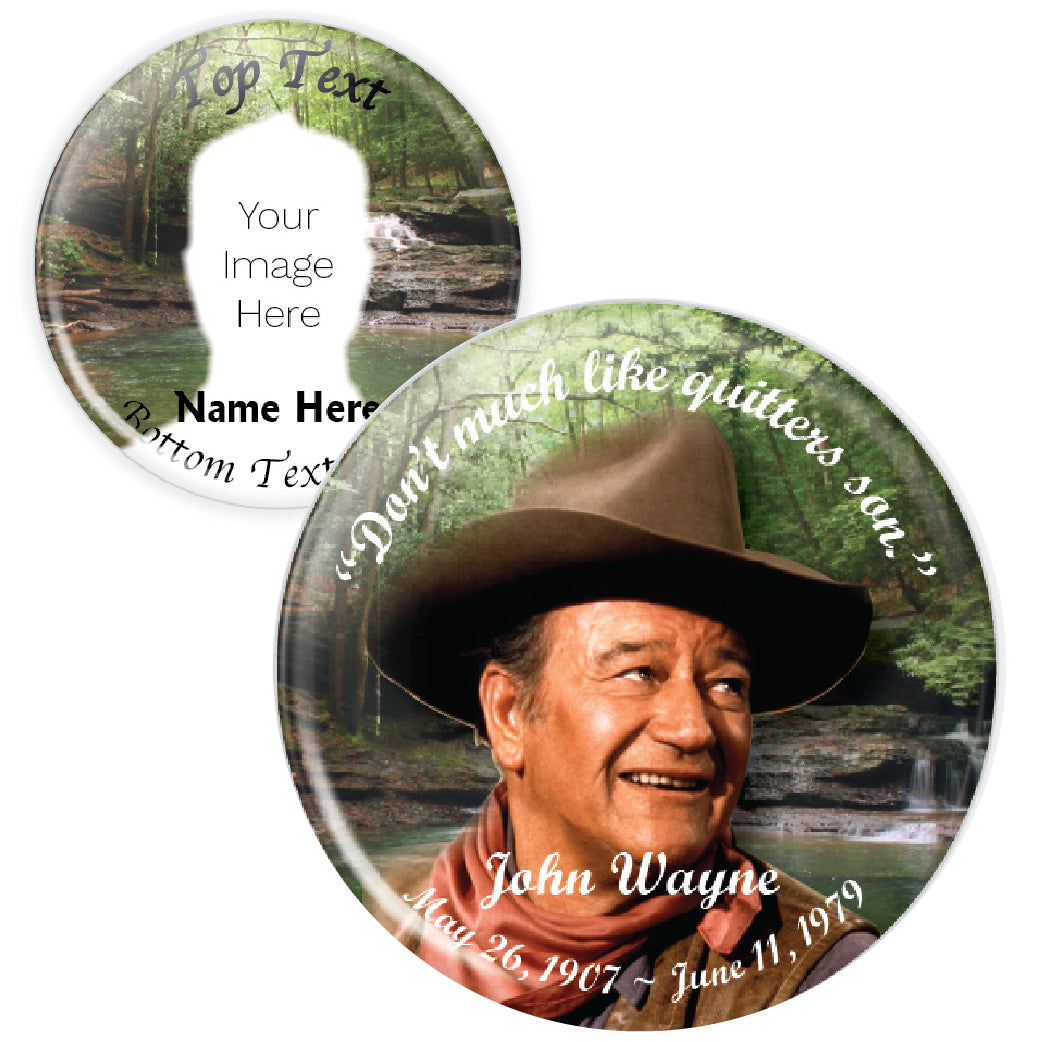 Customizable memorial button featuring a peaceful wooded background with a stream, symbolizing tranquility and remembrance. A nature-inspired tribute pin for loved ones.