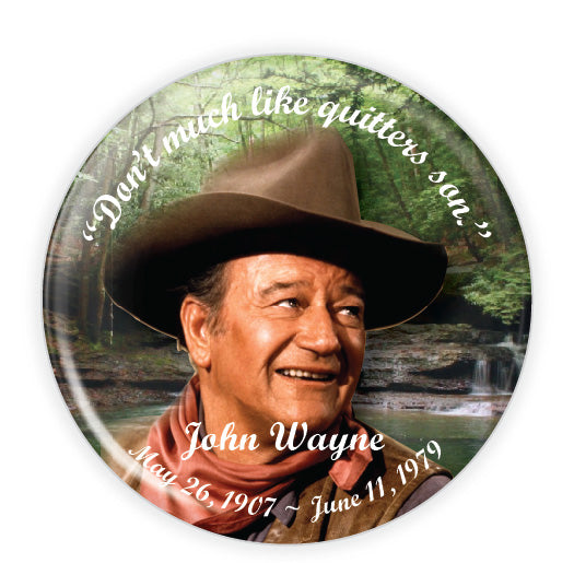 Personalized memorial button with a serene wooded background and stream, ideal for nature-themed tributes.