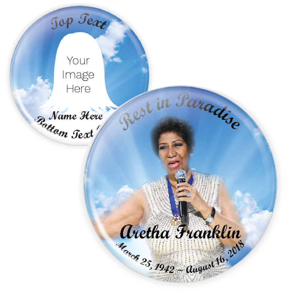 Personalized memorial button with a serene cloud background, symbolizing peace and remembrance. A thoughtful tribute pin for honoring loved ones.