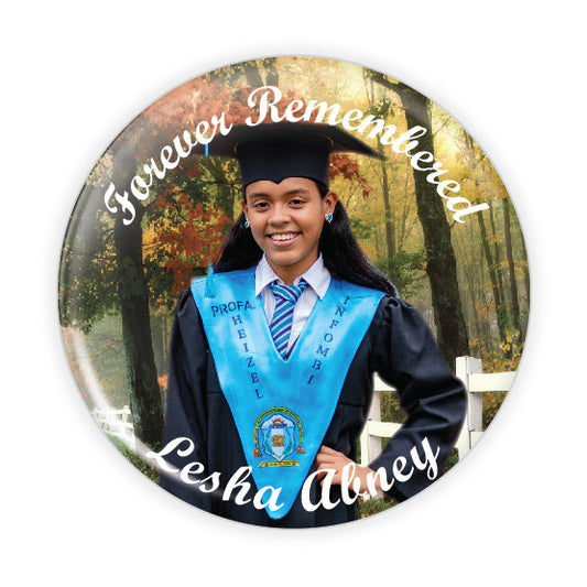 Personalized memorial button with a fall-themed background, capturing the essence of autumn for a seasonal tribute.