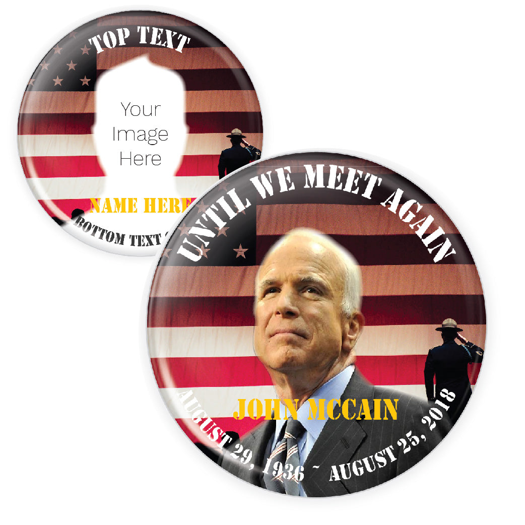 Customizable patriotic memorial button featuring the American flag, serving as a tribute pin to honor loved ones.